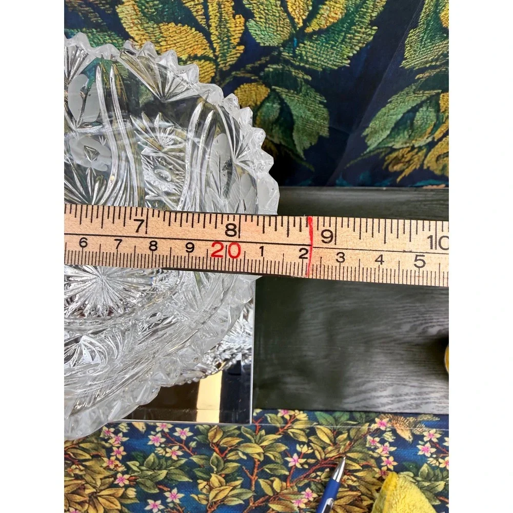 Vintage Cut Crystal Glass Basket Etched Floral Starburst Centerpiece 10.5 inch